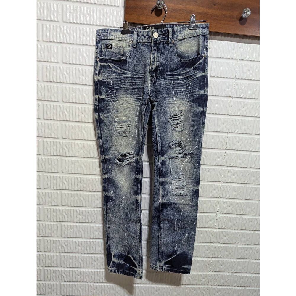 Switch Men's Blue Dark-Wash Denim Mid-Rise Distressed Slim Straight-Leg Jeans Si